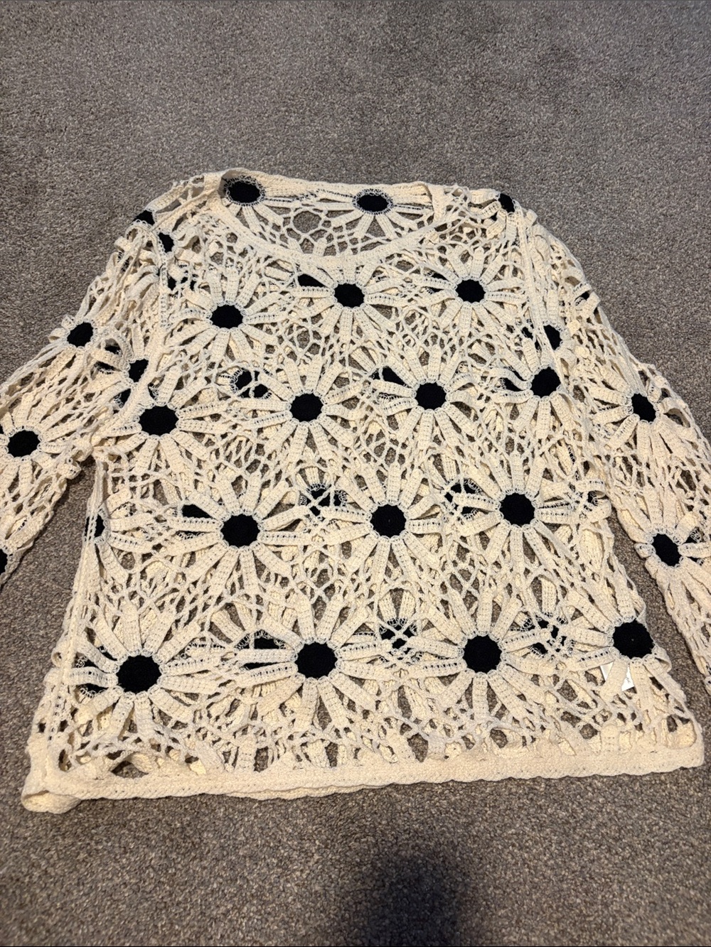 Crochet Openwork Cream Sweater with Black Floral Accents